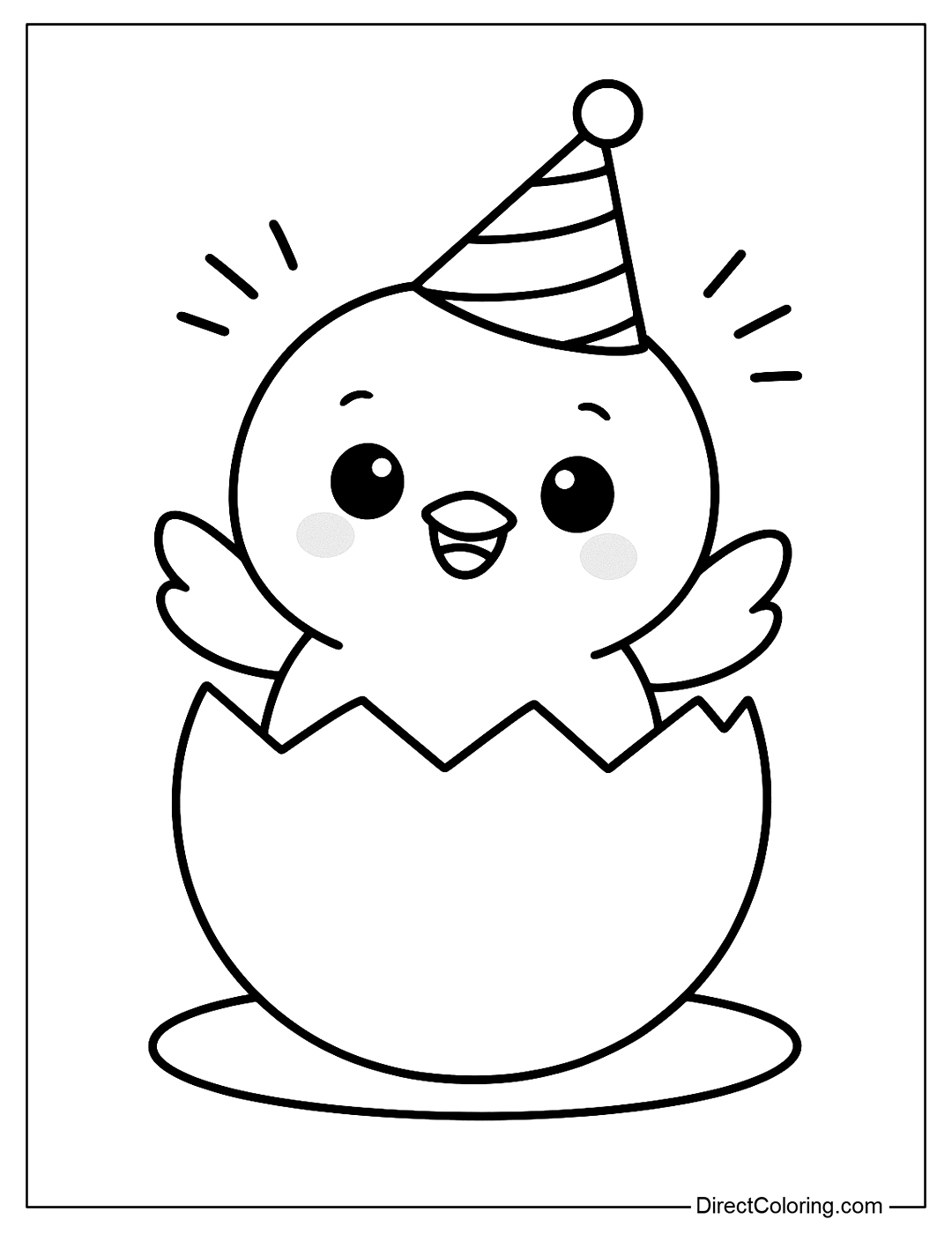 Coloring Page A newly hatched chick peeks out of its eggshell, wearing a birthday party hat and squealing happily.
